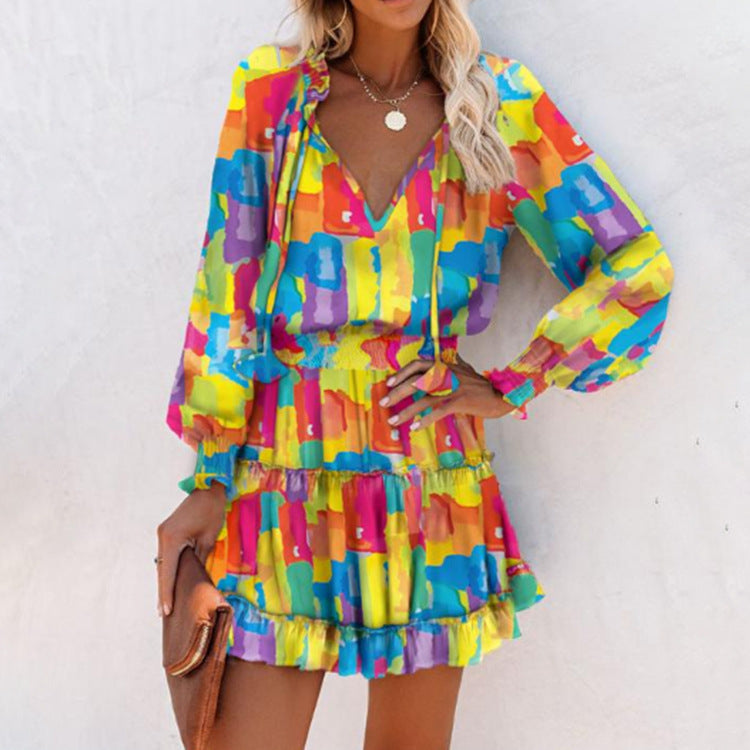 Floral Long Sleeve Mini Dress for women - Ruffle Hem - Smocked Waist Tiered - V-Neck Tie Neck - Image 8