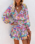 Floral Long Sleeve Mini Dress for women - Ruffle Hem - Smocked Waist Tiered - V-Neck Tie Neck - Image 9