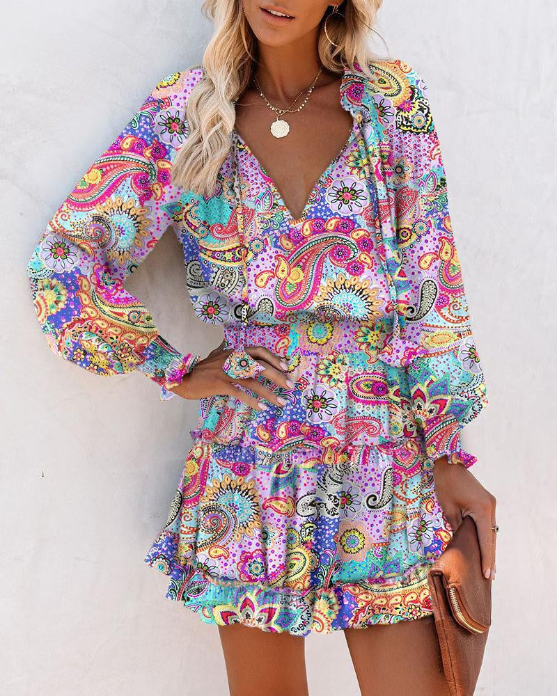 Floral Long Sleeve Mini Dress for women - Ruffle Hem - Smocked Waist Tiered - V-Neck Tie Neck - Image 9