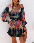 Floral Long Sleeve Mini Dress for women - Ruffle Hem - Smocked Waist Tiered - V-Neck Tie Neck - Image 10