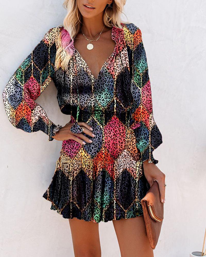 Floral Long Sleeve Mini Dress for women - Ruffle Hem - Smocked Waist Tiered - V-Neck Tie Neck - Image 10