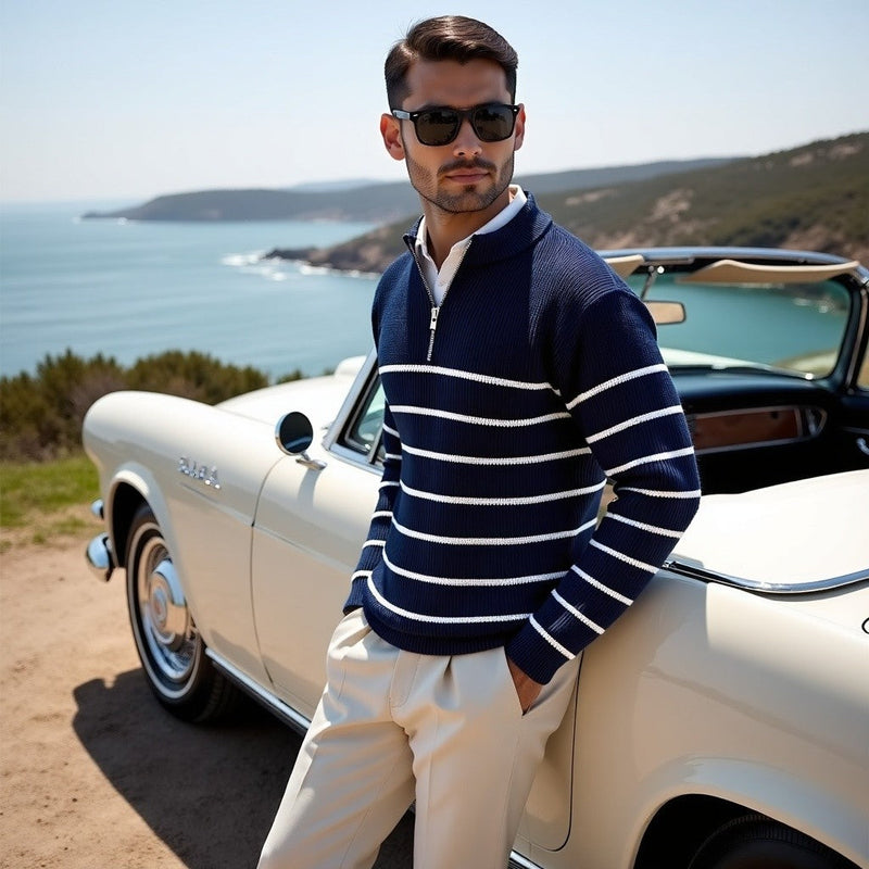 Striped Half-Zip Sweater for Men - Striped - Image 1