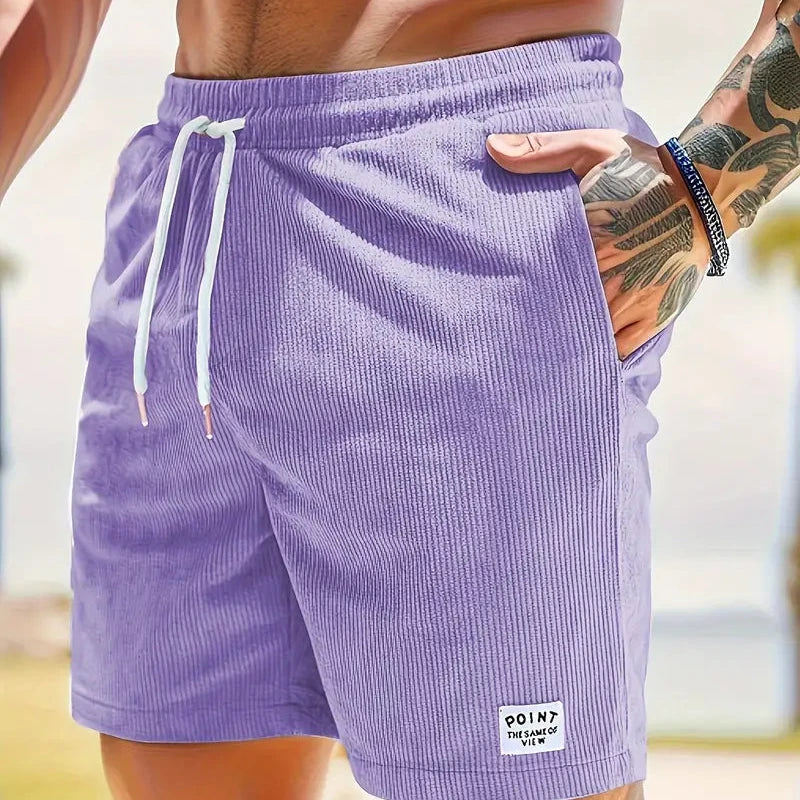 Corduroy Casual Shorts for Men - Drawstring Relaxed Fit - Patch Detail Knee Length - Image 13