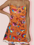 Floral Slip Mini Dress for women - Chain Strap Backless - Sequin - Image 7