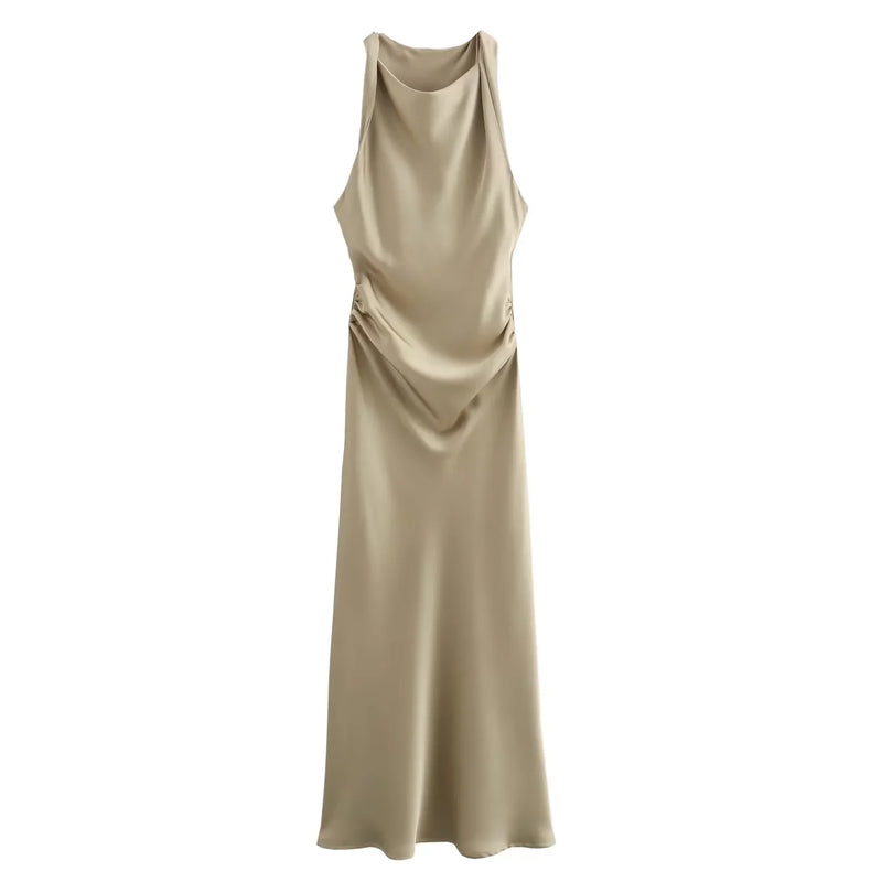 Sleeveless Midi Dress for Women - Cowl Neck Ruched - Image 4