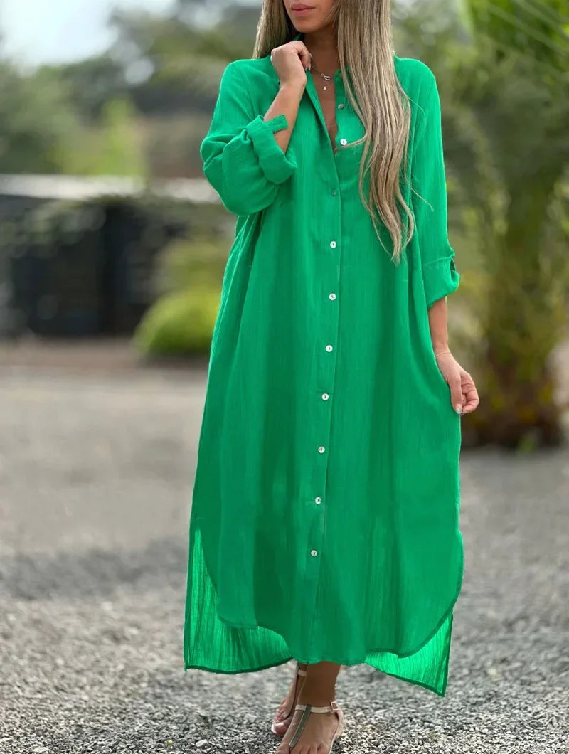 Button-Down Maxi Shirt Dress for Women - Long Sleeve Collared - Oversized Fit Roll-Up Sleeve - Image 8