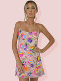 Floral Slip Mini Dress for women - Chain Strap Backless - Sequin - Image 2
