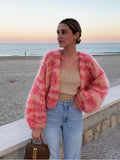 Oversized Chunky Knit Cardigan for women - Cropped Color Block - Geometric Striped Sleeve - Image 4