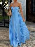 Pleated A-Line Maxi Dress for Women - Halter Strappy - Image 1
