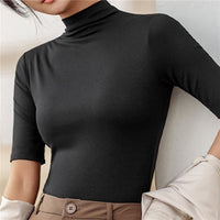 Fitted Turtleneck Top for Women - Elbow Sleeve - Image 1