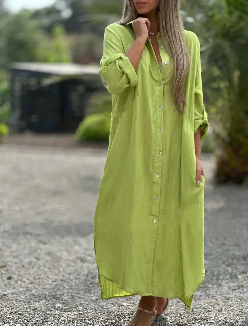 Button-Down Maxi Shirt Dress for Women - Long Sleeve Collared - Oversized Fit Roll-Up Sleeve - Image 5