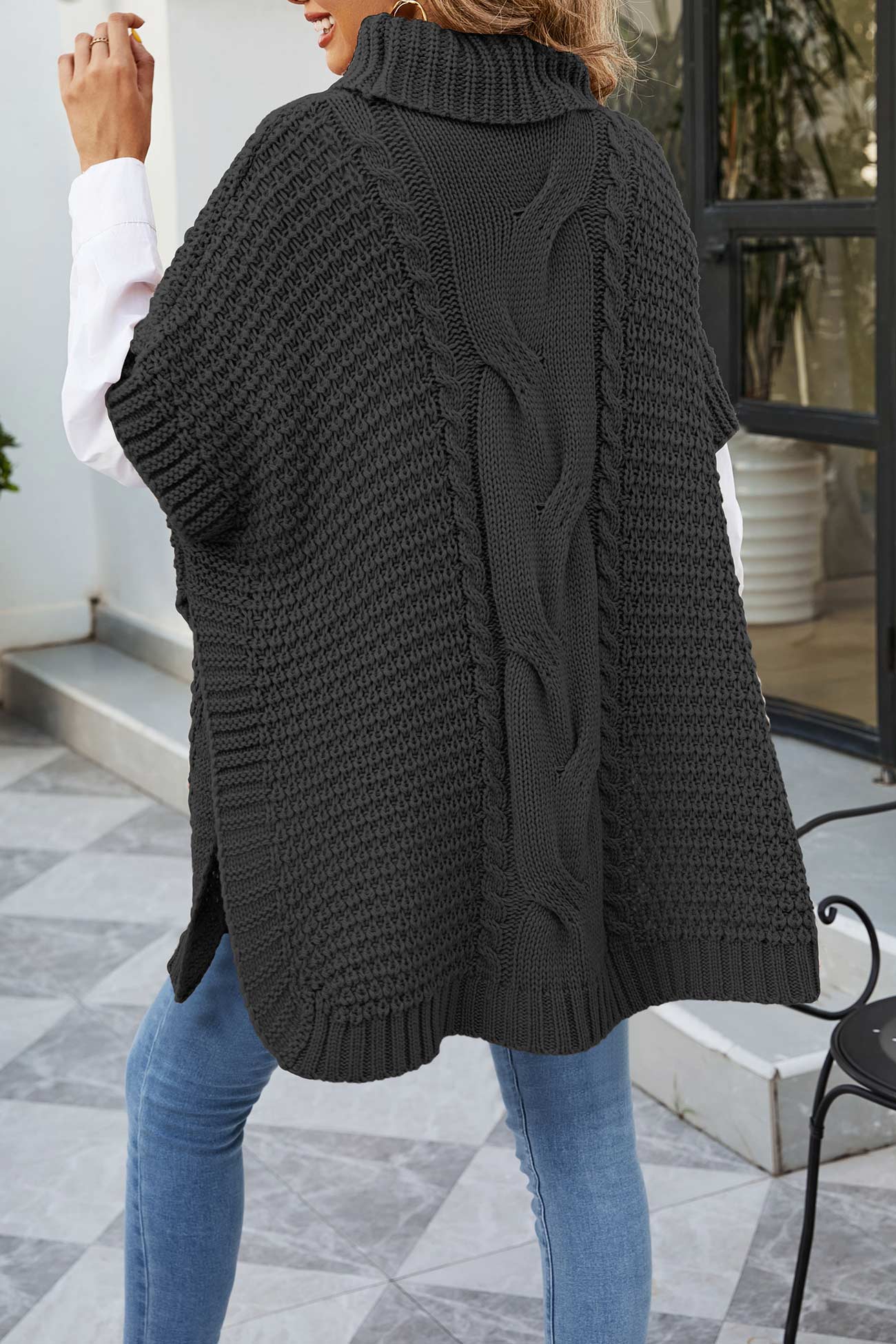 Cable Knit Poncho Sweater for Women - Turtleneck - Image 11