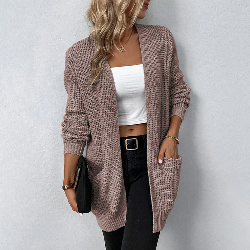 Knit Open Front Cardigan for Women - Patch Pockets - Image 4