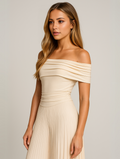 Off-the-Shoulder Pleated Maxi Dress for women - Fitted Bodice Ruched - Floor Length - Image 2