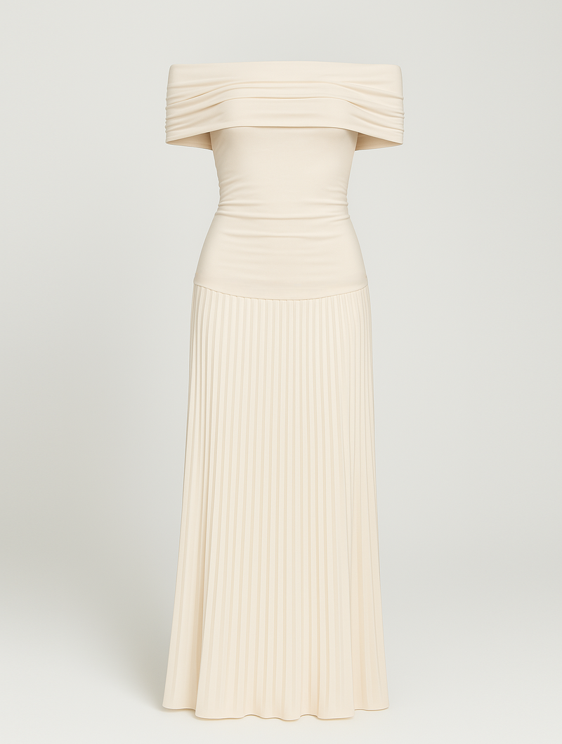 Off-the-Shoulder Pleated Maxi Dress for women - Fitted Bodice Ruched - Floor Length - Image 4