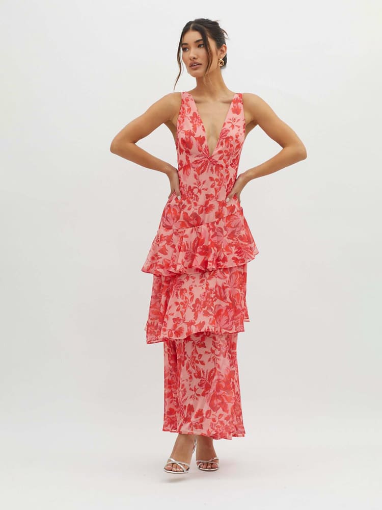 Floral Tiered Maxi Dress for women - V-Neck Backless - Image 3