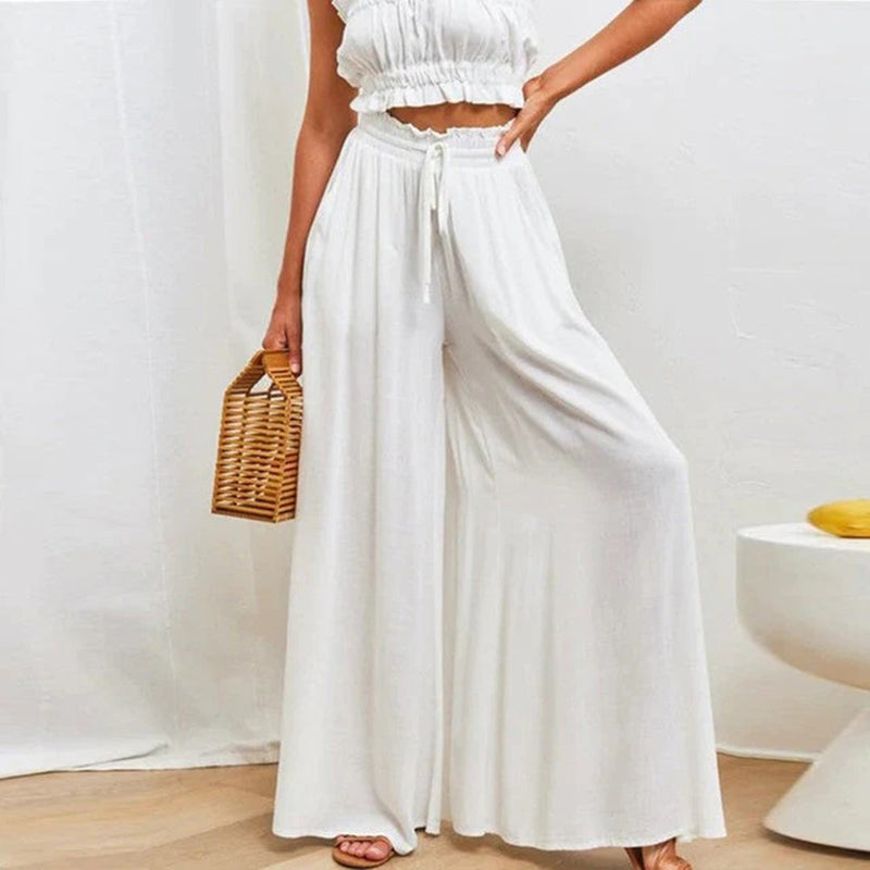 Wide Leg Palazzo Pants for women - High Waisted Drawstring Waist - Pockets Relaxed Fit - Image 2