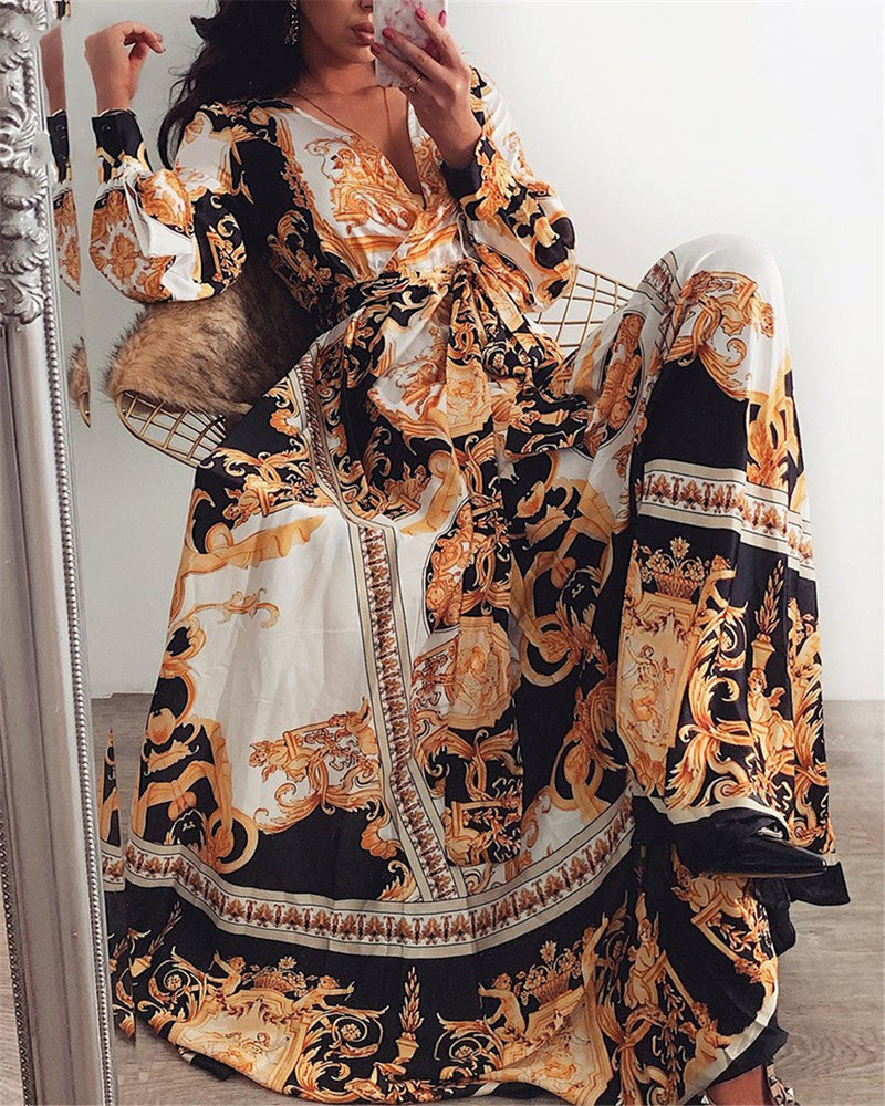 Maxi Dress for women - Long Sleeve Wrap Dress - V-Neck Thigh High Slit - Belted Boho Print - Image 10