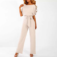 Wide Leg Jumpsuit for women - Belted Short Sleeve - Keyhole Back High Waisted - Image 3