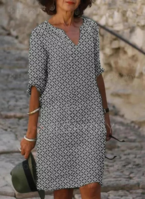 V-Neck Midi Dress for women - 3/4 Sleeve A-Line - Casual Button Front Print - Image 2