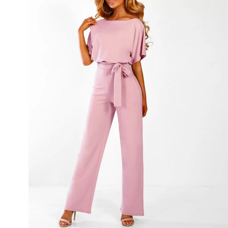 Wide Leg Jumpsuit for women - Belted Short Sleeve - Keyhole Back High Waisted - Image 7