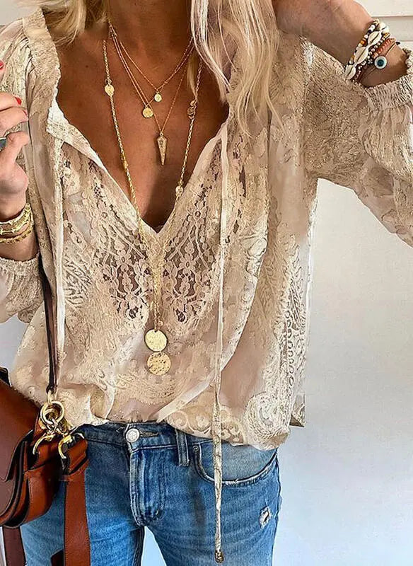 Lace Boho Blouse for women - Long Sleeve V-Neck Tie Neck - Relaxed Fit Ruffled Sleeve - Image 5