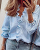 Ruffle V-Neck Blouse for women - Long Sleeve Balloon Sleeve - Button Front Relaxed Fit - Image 1