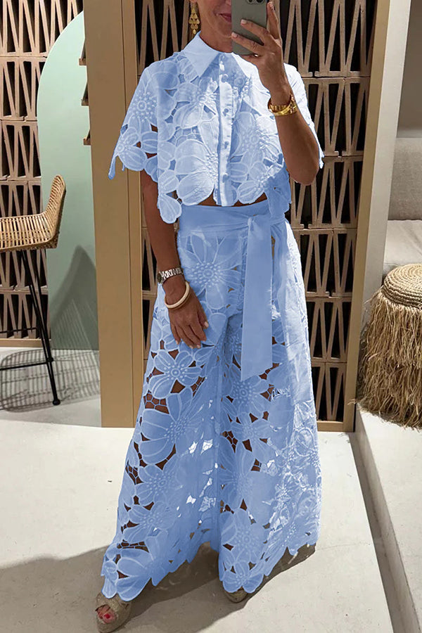 Two Piece Set for Women - Wide Leg Pants Cropped Top - Image 2