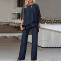 Wide Leg Pant Suit for Women - Overlay Top Keyhole Neck - Image 3