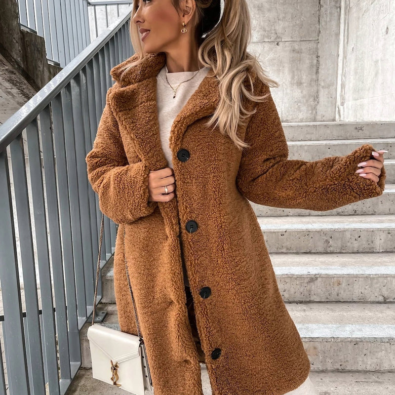 Teddy Long Coat for Women - Button Front - Image 2