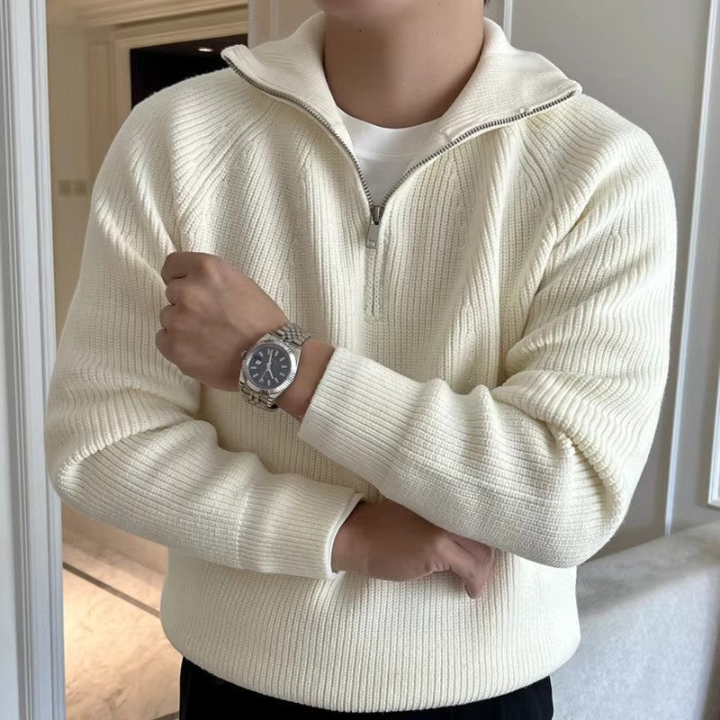 Ribbed Knit Quarter Zip Sweater for Men - Raglan Sleeves - Image 3
