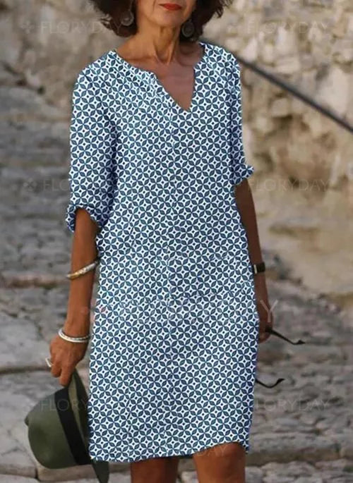 V-Neck Midi Dress for women - 3/4 Sleeve A-Line - Casual Button Front Print - Image 3