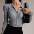 Collared Button-Down Sweater for Women - V-Neck - Image 2
