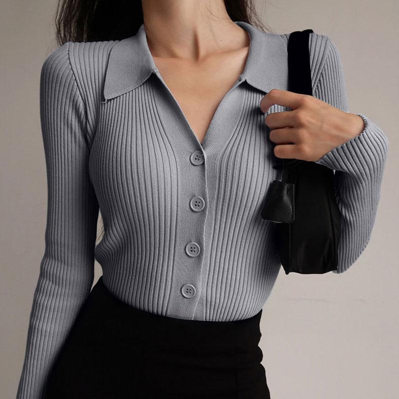 Collared Button-Down Sweater for Women - V-Neck - Image 2