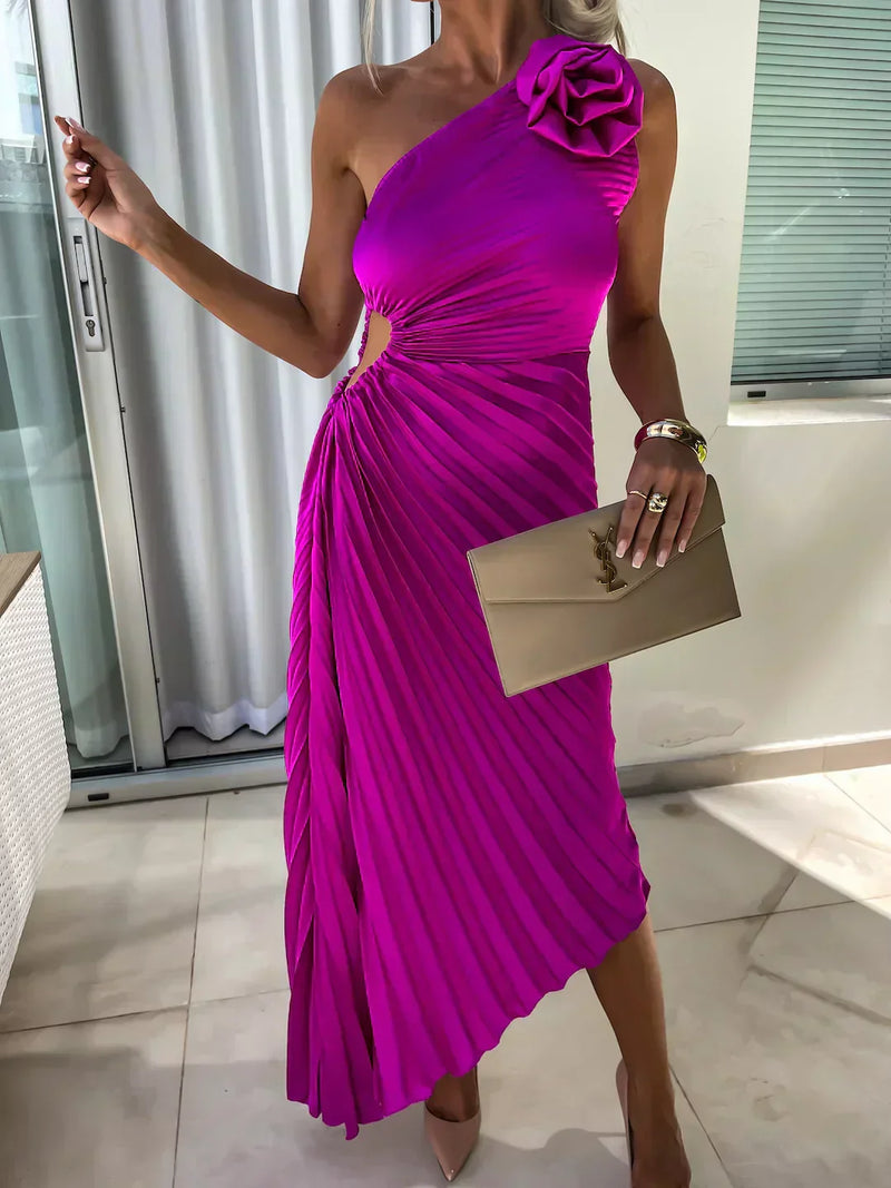 One Shoulder Pleated Midi Dress for Women - Rose Detail A-Line - Image 10