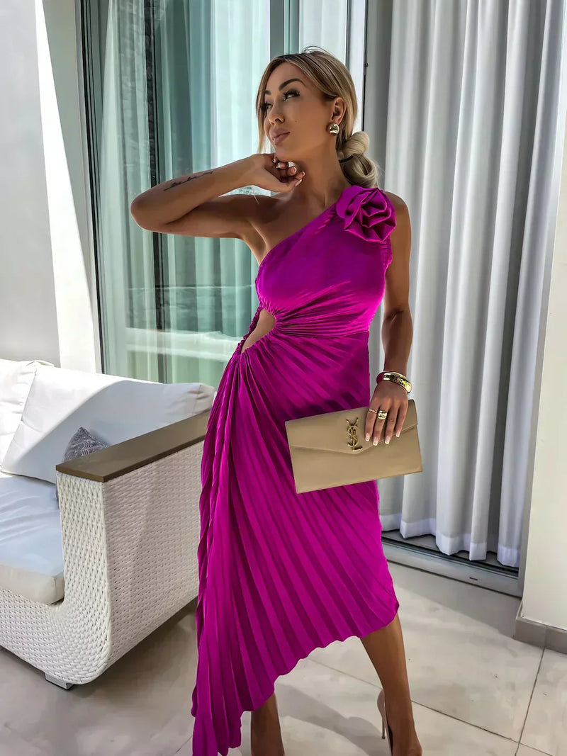 One Shoulder Pleated Midi Dress for Women - Rose Detail A-Line - Image 9