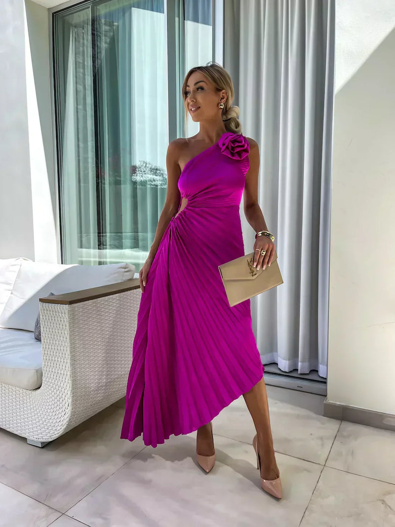 One Shoulder Pleated Midi Dress for Women - Rose Detail A-Line - Image 8