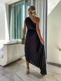 One Shoulder Pleated Midi Dress for Women - Rose Detail A-Line - Image 7