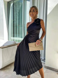 One Shoulder Pleated Midi Dress for Women - Rose Detail A-Line - Image 6