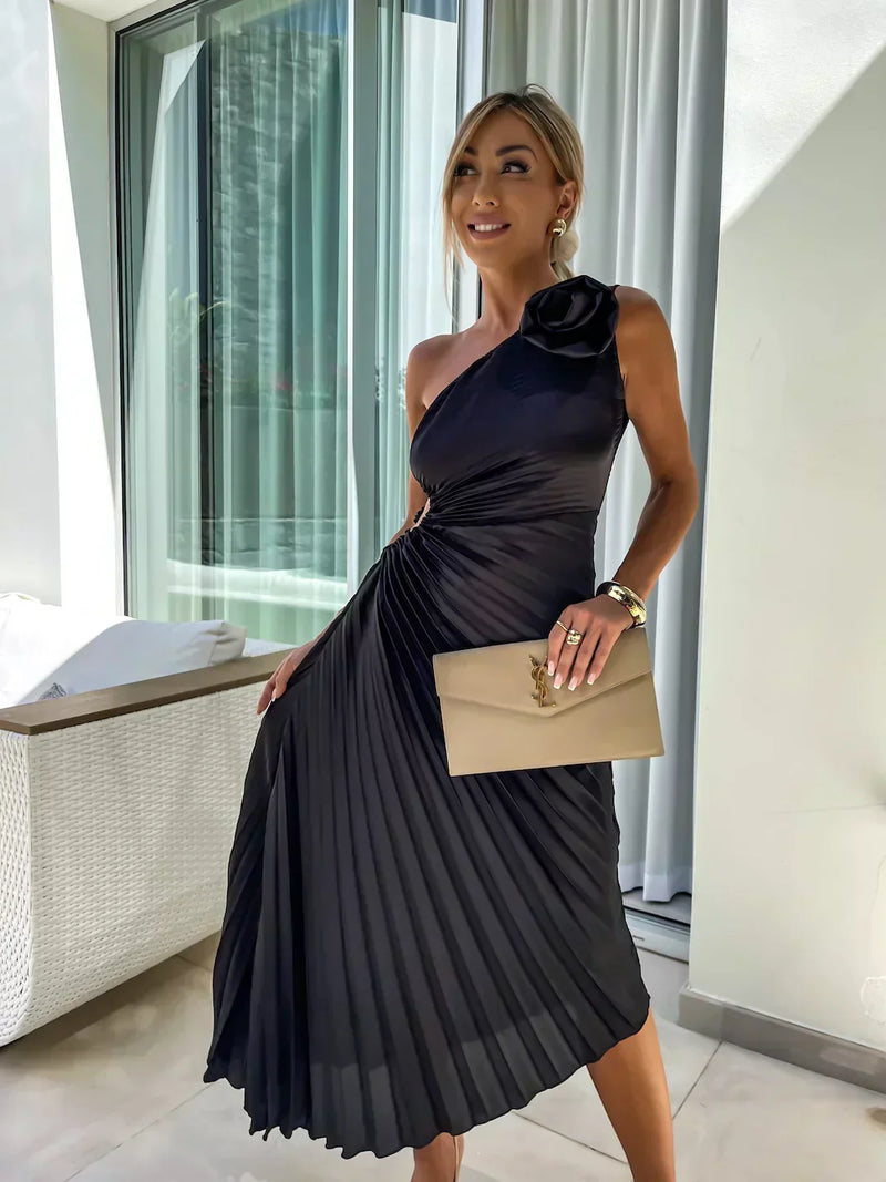 One Shoulder Pleated Midi Dress for Women - Rose Detail A-Line - Image 6