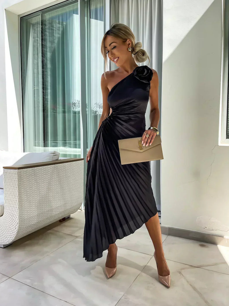One Shoulder Pleated Midi Dress for Women - Rose Detail A-Line - Image 5