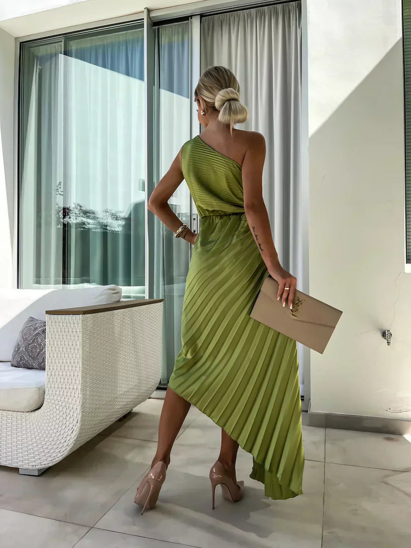 One Shoulder Pleated Midi Dress for Women - Rose Detail A-Line - Image 4
