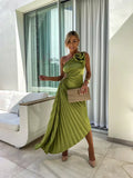 One Shoulder Pleated Midi Dress for Women - Rose Detail A-Line - Image 3