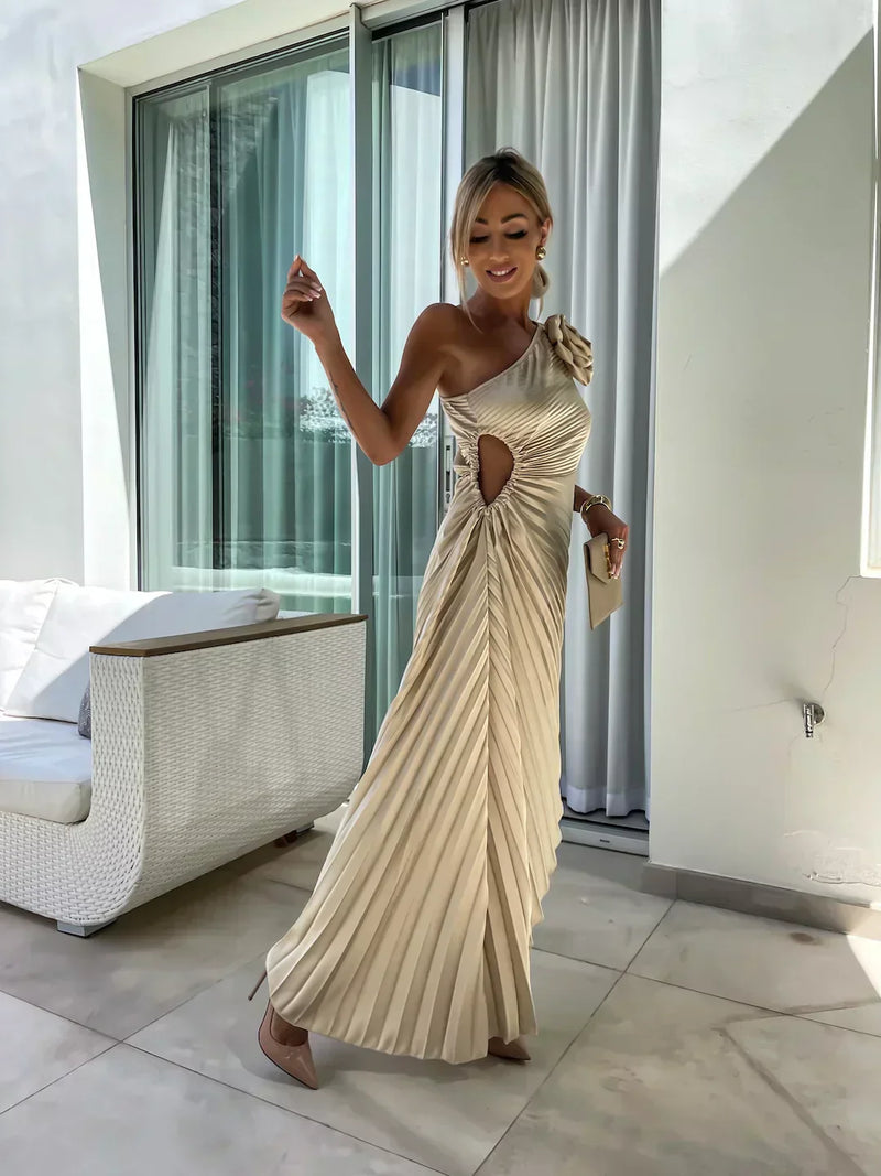 One Shoulder Pleated Midi Dress for Women - Rose Detail A-Line - Image 13