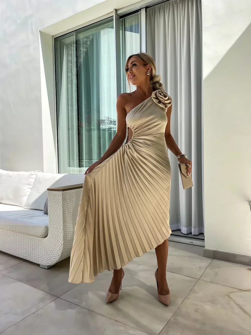 One Shoulder Pleated Midi Dress for Women - Rose Detail A-Line - Image 11
