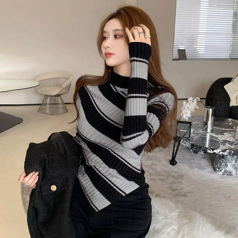 Striped Sweater for Women - Asymmetrical Hem - Image 6