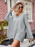 V-Neck Oversized Sweater for Women - Split Hem - Image 18
