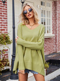 V-Neck Oversized Sweater for Women - Split Hem - Image 1