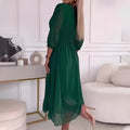 A-Line Wrap Midi Dress for women - 3/4 Sleeve V-Neck - Ruched Bodice Empire Waist - Image 5