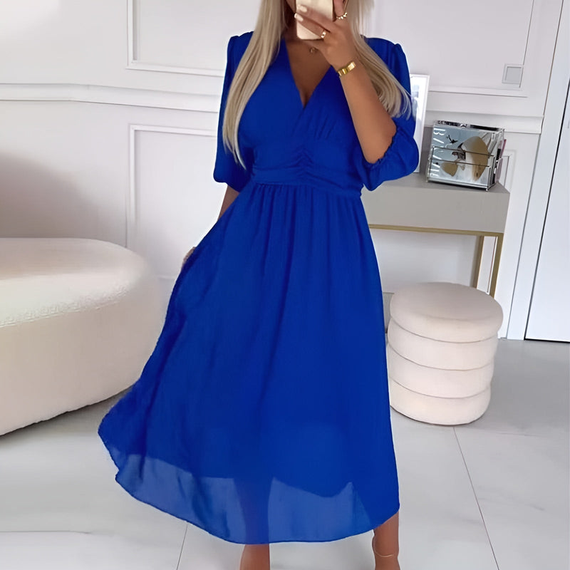 A-Line Wrap Midi Dress for women - 3/4 Sleeve V-Neck - Ruched Bodice Empire Waist - Image 2